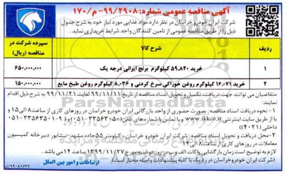 مناقصه خرید 59.840 کیلوگرم برنج ایرانی درجه یک...