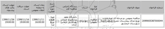 مناقصه عمومی دو مرحله ای تهیه.طبخ و توزیع غذای بیمارستان حضرت ولیعصر (عج) شهرستان خرمشهر