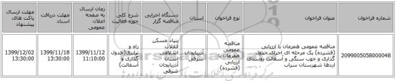 مناقصه عمومی همزمان با ارزیابی (فشرده) یک مرحله ای اجرای جدول گذاری و جوب سنگی و آسفالت روستای اردها شهرستان سراب