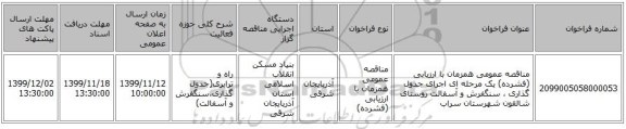 مناقصه عمومی همزمان با ارزیابی (فشرده) یک مرحله ای اجرای جدول گذاری ، سنگفرش و آسفالت روستای شالقون شهرستان سراب