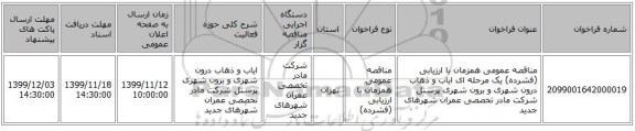 مناقصه عمومی همزمان با ارزیابی (فشرده) یک مرحله ای ایاب و ذهاب درون شهری و برون شهری پرسنل شرکت مادر تخصصی عمران شهرهای جدید 