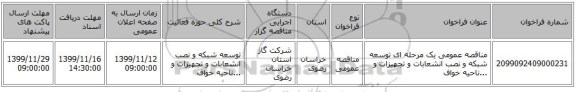 مناقصه عمومی یک مرحله ای توسعه شبکه و نصب انشعابات و تجهیزات و ...ناحیه خواف