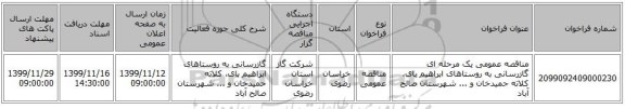 مناقصه عمومی یک مرحله ای گازرسانی به روستاهای ابراهیم بای، کلاته حمیدخان و ... شهرستان صالح آباد