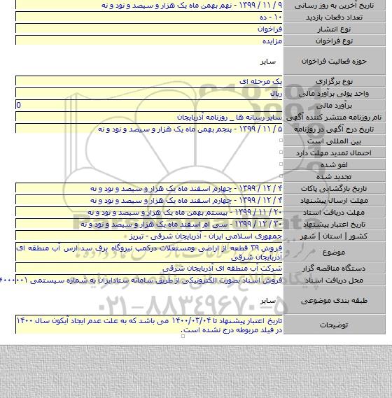 فروش ۳۹  قطعه از اراضی ومستغلات درکمپ نیروگاه برق سد ارس آب منطقه ای آذربایجان شرقی