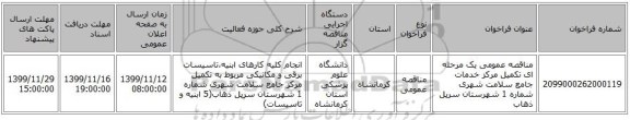 مناقصه عمومی یک مرحله ای تکمیل مرکز خدمات جامع سلامت شهری شماره 1 شهرستان سرپل ذهاب