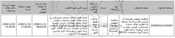 مناقصه عمومی همزمان با ارزیابی (فشرده) یک مرحله ای فعالیت های خدمات مشترکین  -فروش، وصل و نصب و بهینه سازی لوازم اندازه گیری انشعابات 990120