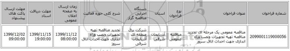 مناقصه عمومی یک مرحله ای تجدید مناقصه تهیه تجهیزات ونصب وراه اندازی جهت احداث اتاق سرور