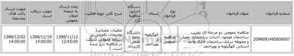 مناقصه عمومی دو مرحله ای تخریب ساختمان موجود، احداث ساختمان، حصار و محوطه سازی ساختمان اداری واحد استانی کهگیلویه و بویراحمد