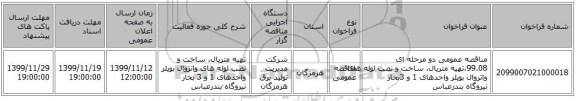 مناقصه عمومی دو مرحله ای 99.08،تهیه متریال، ساخت و نصب لوله های واتروال بویلر واحدهای 1 و 3بخار نیروگاه بندرعباس