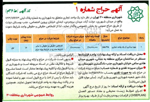 مزایده، مزایده بهره برداری از یک واحد تجاری