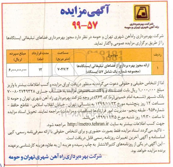 مزایده ، مزایده ارائه مجوز بهره برداری از فضاهای تبلیغاتی