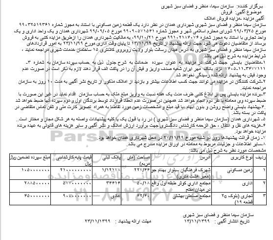 مزایده مزایده فروش املاک با کاربری مسکونی - اداری - تجاری