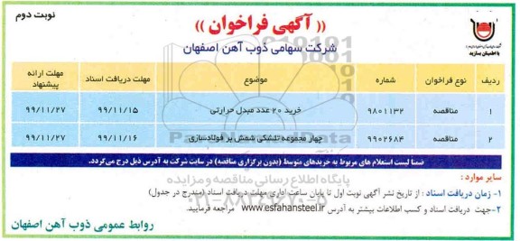 فراخوان, فراخوان خرید 20 عدد مبدل حرارتی ...  نوبت دوم