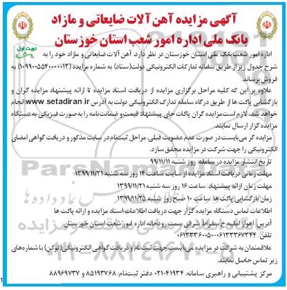 مزایده, مزایده اموال منقول اداری مازاد و مستعمل شامل دستگاه خودپرداز و ...مزایده فروش آهن آلات ضایعاتی و مازاد