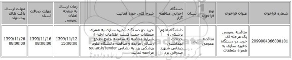 مناقصه عمومی یک مرحله ای خرید دو دستگاه ذخیره سازی به همراه متعلقات