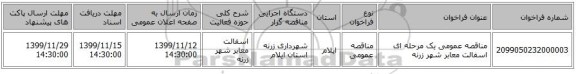 مناقصه عمومی یک مرحله ای اسفالت معابر شهر زرنه