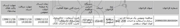 مناقصه عمومی یک مرحله ای زیر سازی و آسفالت و احداث کانال جمع اوری ابهای سطحی