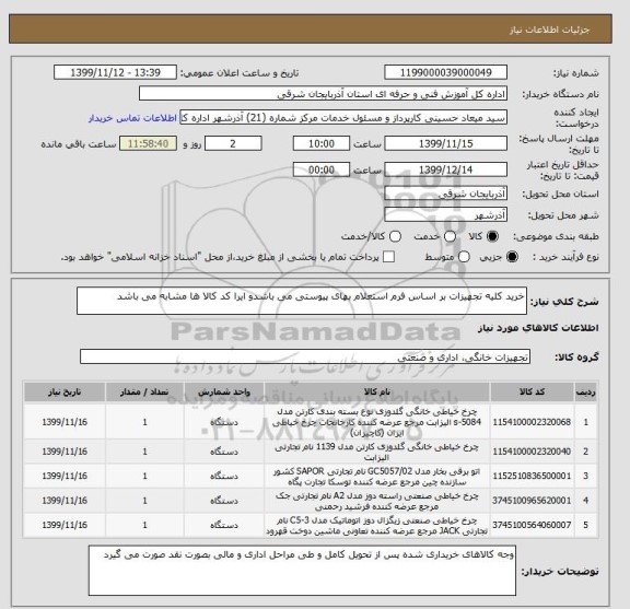 استعلام خرید کلیه تجهیزات بر اساس فرم استعلام بهای پیوستی می باشدو ایرا کد کالا ها مشابه می باشد