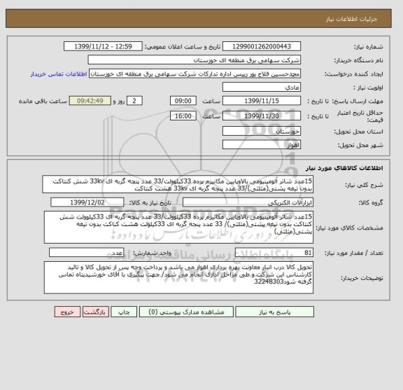 استعلام 15عدد شاتر آلومینیومی بالاوپایین مکانیزم پرده 33کیلوولت/33 عدد پنچه گربه ای 33kv شش کنتاکت بدون تیغه پشتی(مثلثی)/33 عدد پنجه گربه ای 33kv هشت کنتاکت 