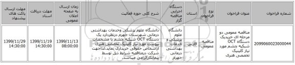 مناقصه عمومی دو مرحله ای خریدیک دستگاه OCT شبکیه چشم مورد نیاز کلینیک تخصصی هنری