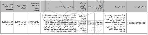 مناقصه عمومی دو مرحله ای خریدیک دستگاه اتوآنالایزر بیوشیمی 400 تستی به همراه سیستم رایانه و متعلقات با مشخصات پیوست مورد نیاز بیمارستان خاتم الانبیاء