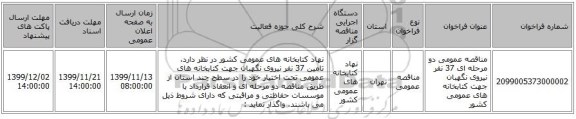 مناقصه عمومی دو مرحله ای 37 نفر نیروی نگهبان جهت کتابخانه های عمومی کشور