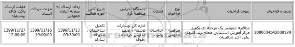 مناقصه عمومی یک مرحله ای تکمیل مرکز آموزش استثنایی محله پرند گلبهار-علی اکبر شالچیان