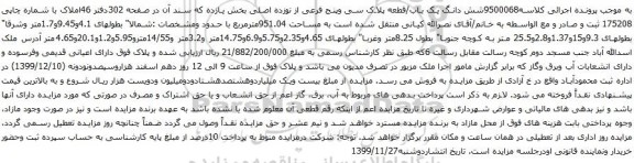 آگهی مزایده شش دانگ یک باب/قطعه پلاک سی وپنج فرعی از نوزده اصلی بخش یازده