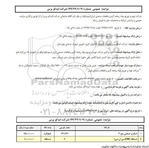 مزایده, مزایده اقلام ضایعاتی شرکت