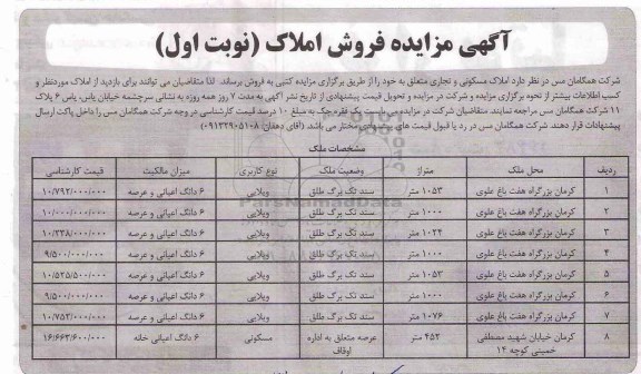 مزایده مزایده فروش املاک مسکونی و تجاری نوبت اول