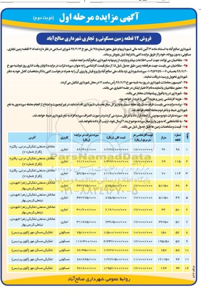 مزایده، مزایده فروش 12 قطعه زمین مسکونی و تجاری نوبت دوم مرحله اول