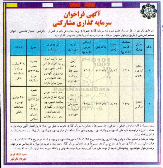 فراخوان ، فراخوان سرمایه گذاری مشارکتی