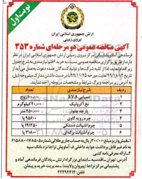 مناقصه خرید 6 قلم نیازمندی 
