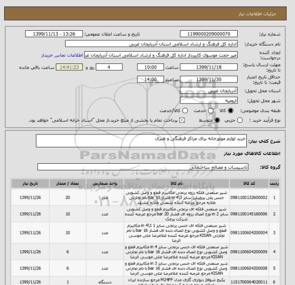 استعلام خرید لوازم موتورخانه برای مراکز فرهنگی و هنری