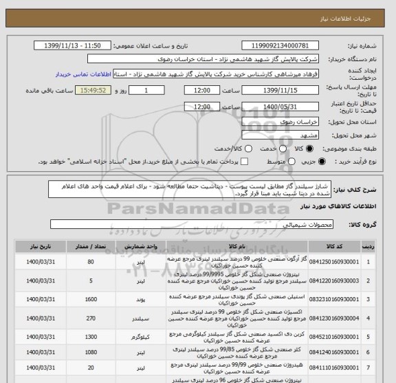 استعلام  شارژ سیلندر گاز مطابق لیست پیوست - دیتاشیت حتما مطالعه شود - برای اعلام قیمت واحد های اعلام شده در دیتا شیت باید مبنا قرار گیرد.