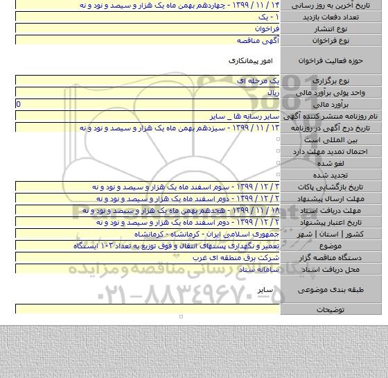 تعمیر و نگهداری پستهای انتقال و فوق توزیع به تعداد ۱۰۳ ایستگاه