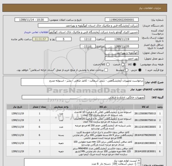 استعلام درخواست تجهیزات آزمایشگاهی - دیش آسفالت - کاغذ صافی - بشر - استوانه مدرج