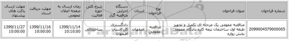 مناقصه عمومی یک مرحله ای تکمیل و تجهیز طبقه اول ساختمان نیمه کاره دادگاه عمومی بخش زواره