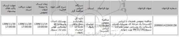 مناقصه عمومی همزمان با ارزیابی (فشرده) یک مرحله ای بهسازی احداث وآسفالت راه روستایی عوض نجم اباد سبزوار99/31/192 نوبت چهارم