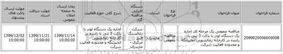 مناقصه عمومی یک مرحله ای اجاره یک دستگاه لودر با باکت 3 تنی با راننده در کارخانه زغالشویی انجیرتنگه  و محدوده فعالیت شرکت