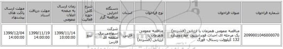 مناقصه عمومی همزمان با ارزیابی (فشرده) یک مرحله ای احداث فونداسیون خط دومداره 132 کیلوولت رستاق- فورگ