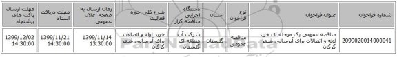 مناقصه عمومی یک مرحله ای خرید لوله و اتصالات برای آبرسانی شهر گرگان