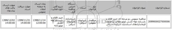 مناقصه عمومی دو مرحله ای خرید اقلام و بازسازی لوله کشی موتورخانه و ساختمان فرمانداری‌های استانداری آذربایجان‌شرقی