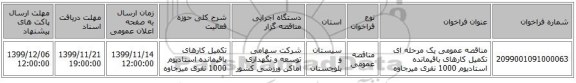 مناقصه عمومی یک مرحله ای تکمیل کارهای باقیمانده استادیوم 1000 نفری میرجاوه 
