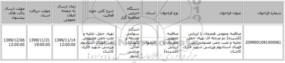 مناقصه عمومی همزمان با ارزیابی (فشرده) دو مرحله ای تهیه، حمل، تخلیه و نصب چمن مصنوعی زمین فوتبال استادیوم ورزشی شهید فکری کاشان