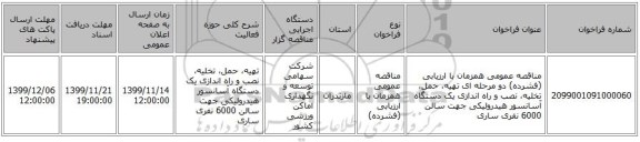 مناقصه عمومی همزمان با ارزیابی (فشرده) دو مرحله ای تهیه، حمل، تخلیه، نصب و راه اندازی یک دستگاه آسانسور هیدرولیکی جهت سالن 6000  نفری ساری