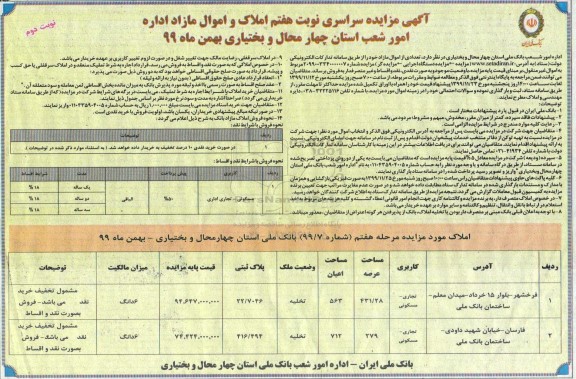 مزایده، مزایده فروش املاک و اموال مازاد کاربری مسکونی و تجاری نوبت هفتم نوبت دوم