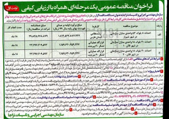 فراخوان مناقصه احداث 8 بلوک 53 واحدی  منازل سازمانی