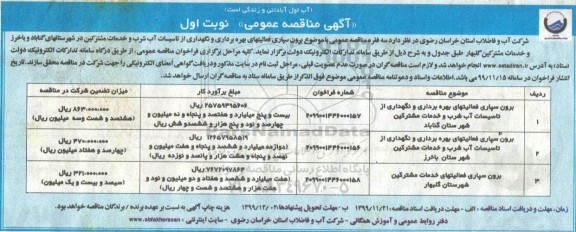 مناقصه برون سپاری فعالیتهای بهره برداری و نگهداری از تاسیسات آب شرب و خدمات مشترکین 