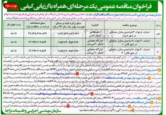 فراخون مناقصه، فراخوان مناقصه احداث 8 بلوک 53 واحدی  منازل سازمانی... - نوبت دوم 
